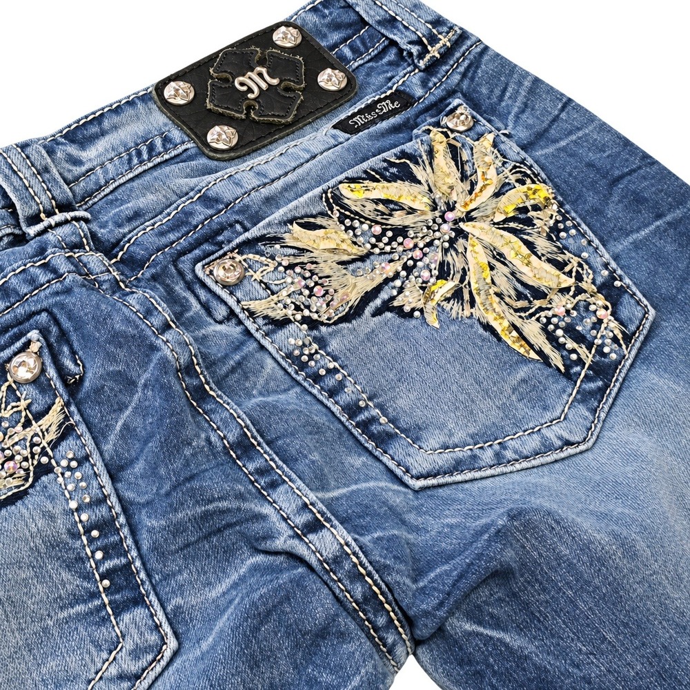 Miss Me Women Size 31 Skinny Jeans Blue Rhinestone Floral Pockets - Picture 6 of 14